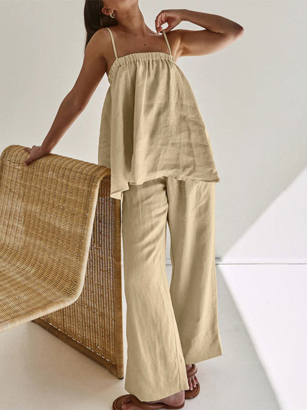 Two Piece Sets Khaki Casual Street Wear Straps Neck Sleeveless Pant Set