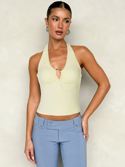 Burgundy Cami Top Halter Lace Up Buttons Chic Women Camis