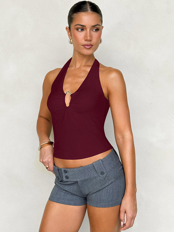 Burgundy Cami Top Halter Lace Up Buttons Chic Women Camis