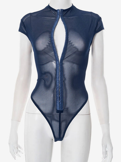 Bodysuit Sleeveless Blue Buttons Stand Collar Top For Women