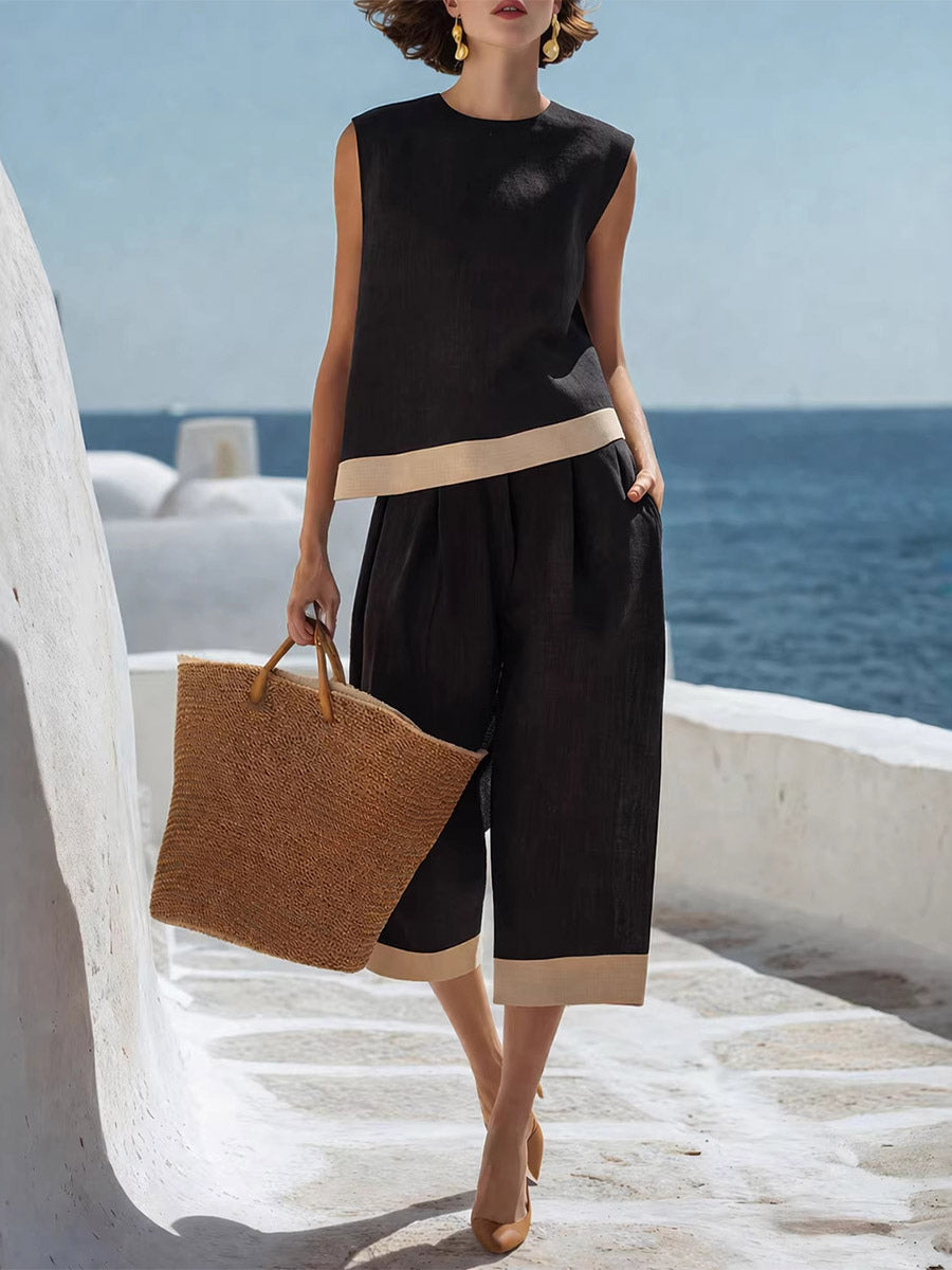 Two Piece Sets Black Casual Street Wear Jewel Neck Sleeveless Pant Top Set