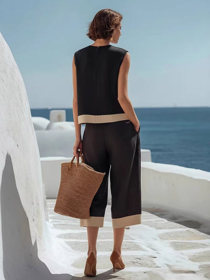 Two Piece Sets Black Casual Street Wear Jewel Neck Sleeveless Pant Top Set