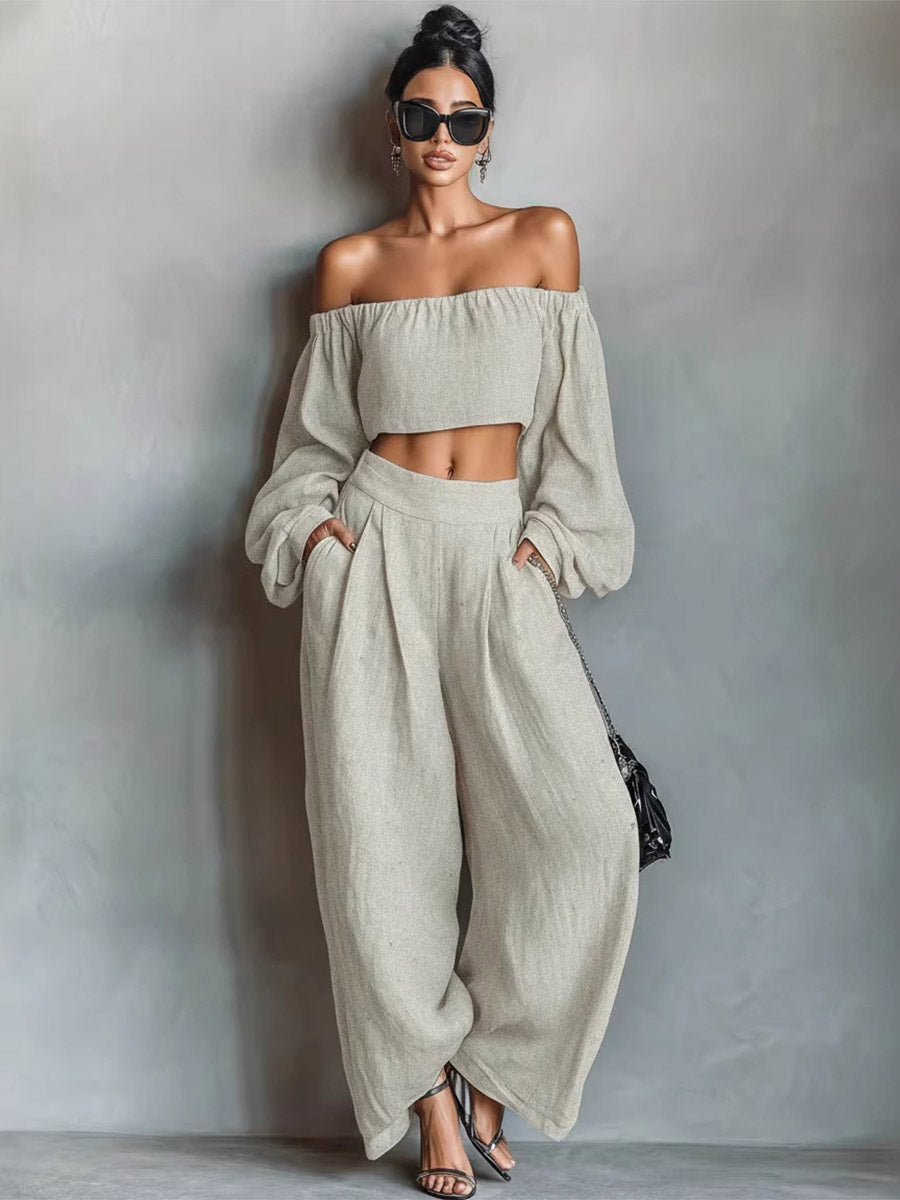 Two Piece Sets Black Strapless Poet Sleeves Long Sleeves Pant Set