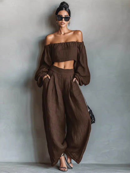 Two Piece Sets Black Strapless Poet Sleeves Long Sleeves Pant Set