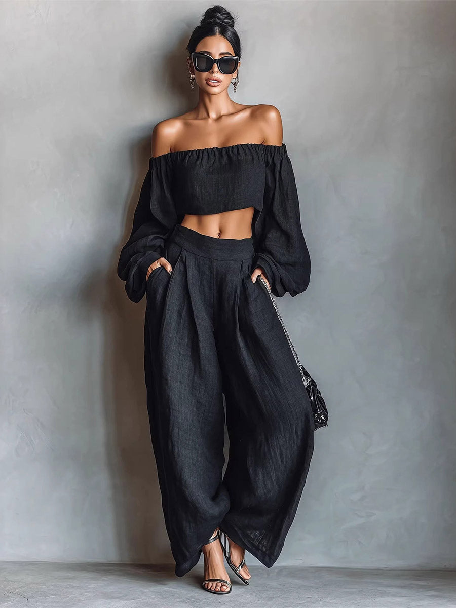 Two Piece Sets Black Strapless Poet Sleeves Long Sleeves Pant Set