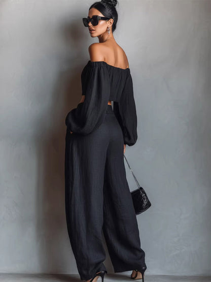 Two Piece Sets Black Strapless Poet Sleeves Long Sleeves Pant Set