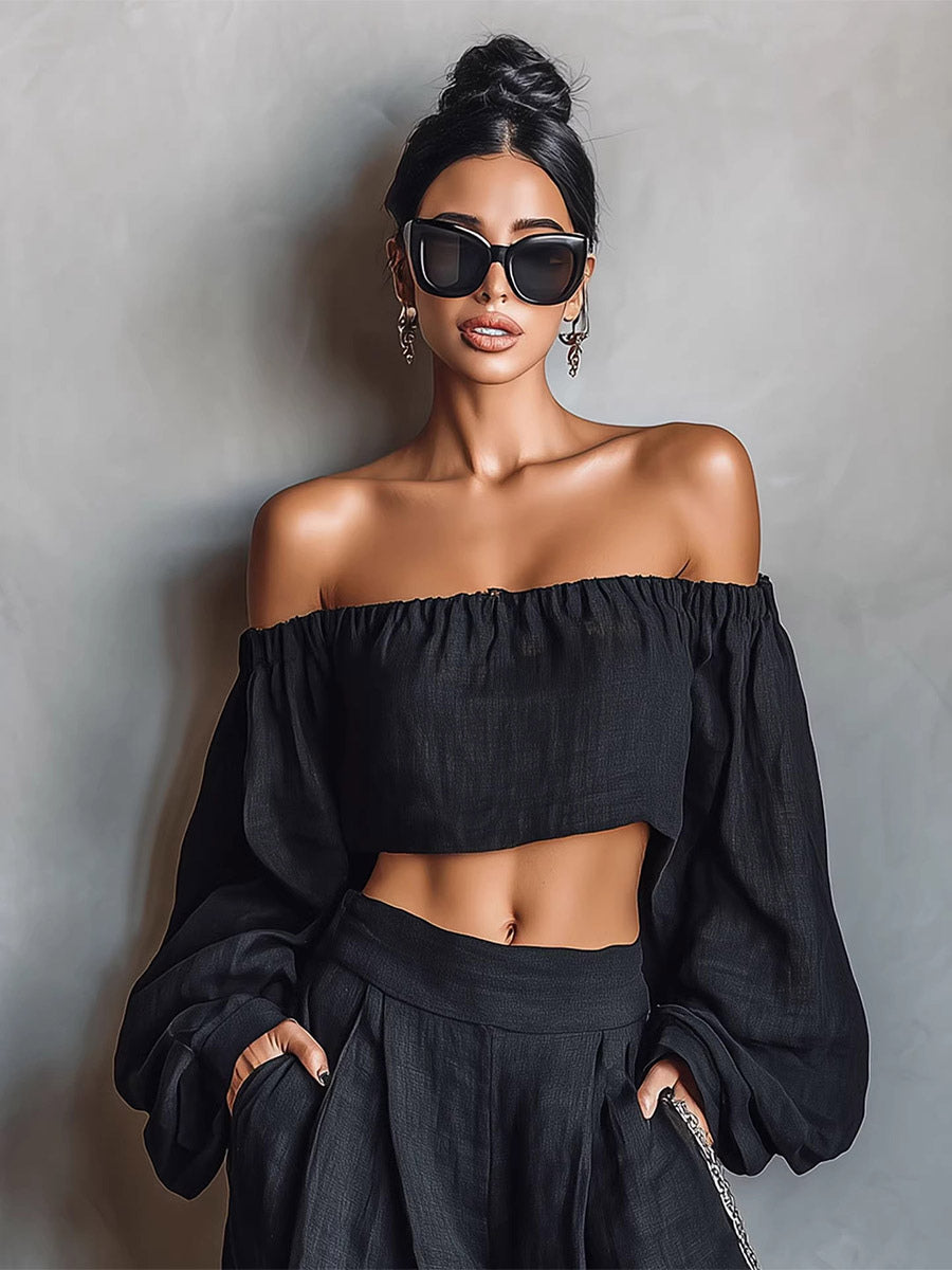 Two Piece Sets Black Strapless Poet Sleeves Long Sleeves Pant Set