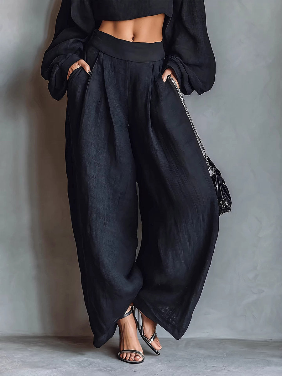 Two Piece Sets Black Strapless Poet Sleeves Long Sleeves Pant Set