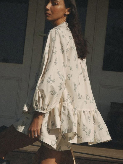 Two Piece Sets Ecru White Chic Printed Street Wear Jewel Neck Puff Sleeves Long Sleeves Pant Set