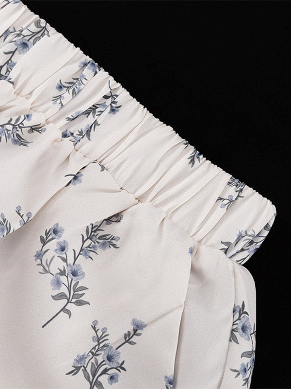 Two Piece Sets Ecru White Chic Printed Street Wear Jewel Neck Puff Sleeves Long Sleeves Pant Set