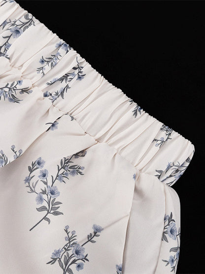 Two Piece Sets Ecru White Chic Printed Street Wear Jewel Neck Puff Sleeves Long Sleeves Pant Set