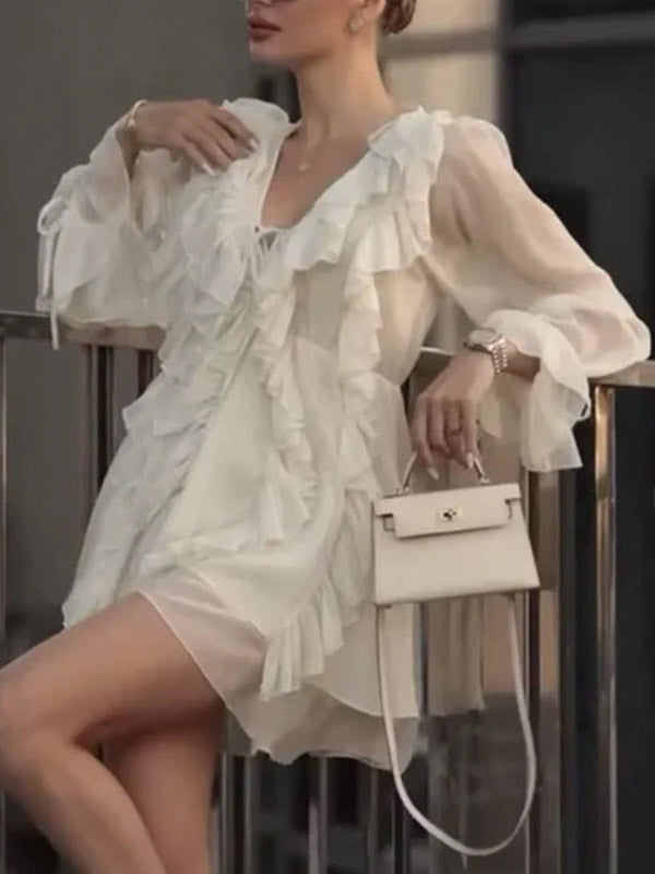 Shirt For Women White Ruffles V-Neck Elegant Long Sleeves Tops