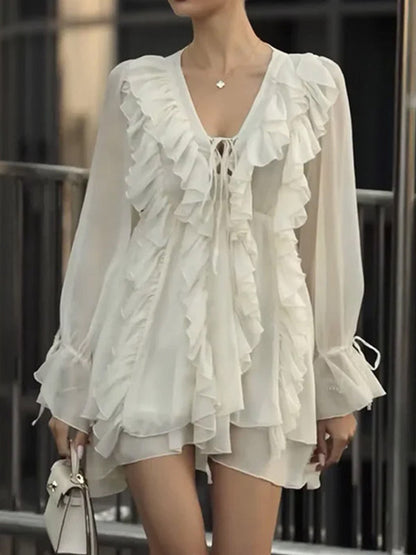 Shirt For Women White Ruffles V-Neck Elegant Long Sleeves Tops