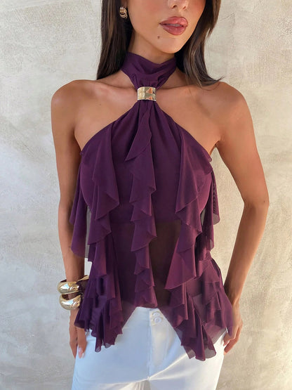 Fuchsia Cami Top Halter Ruffles Casual Sleeveless Women Camis