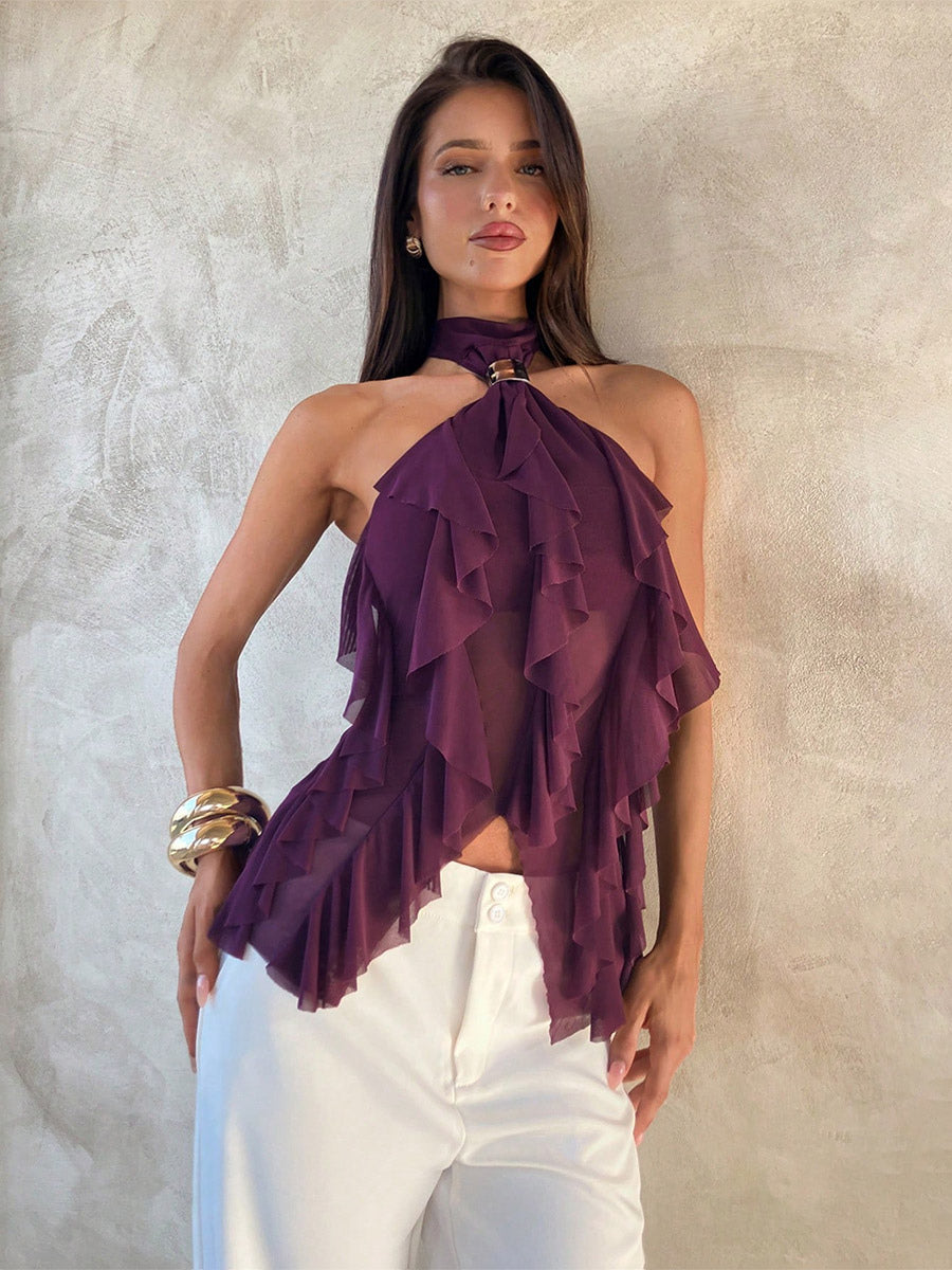 Fuchsia Cami Top Halter Ruffles Casual Sleeveless Women Camis