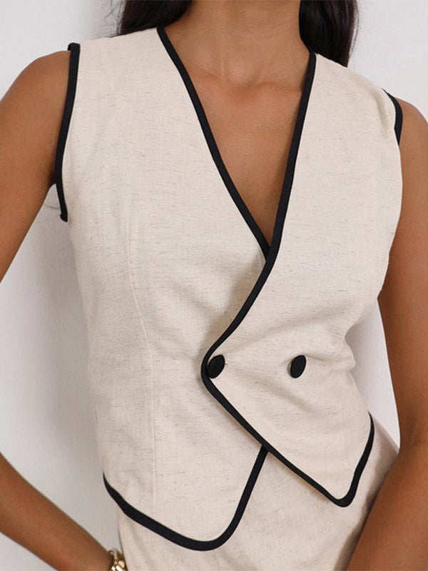 Two Piece Sets Khaki Chic Street Wear Cotton V-Neck Sleeveless Skirt Set
