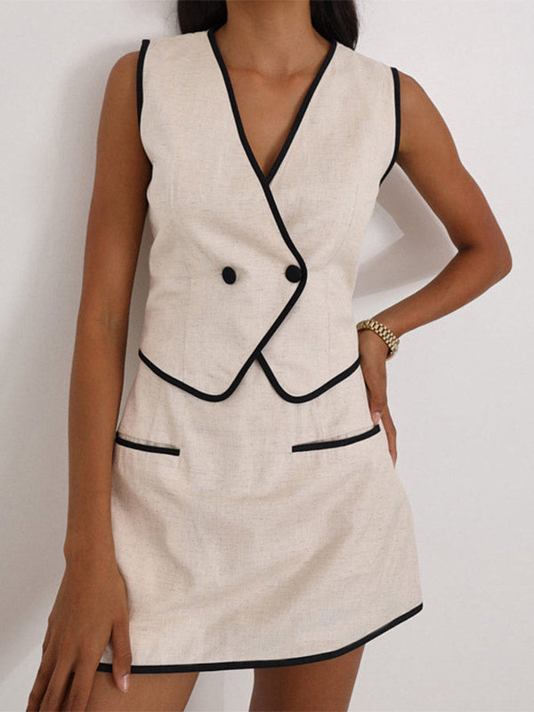 Two Piece Sets Khaki Chic Street Wear Cotton V-Neck Sleeveless Skirt Set