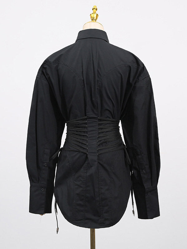Blouse For Women Black Turndown Collar Chic Buttons Lace Up Long Sleeves Tops