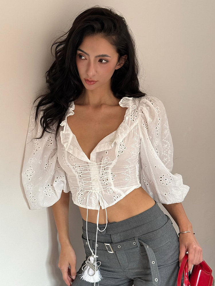 Blouse For Women White Lace Up V-Neck Chic Half Sleeves Cotton Tops