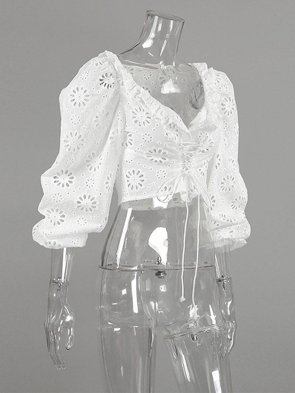 Blouse For Women White Lace Up V-Neck Chic Half Sleeves Cotton Tops