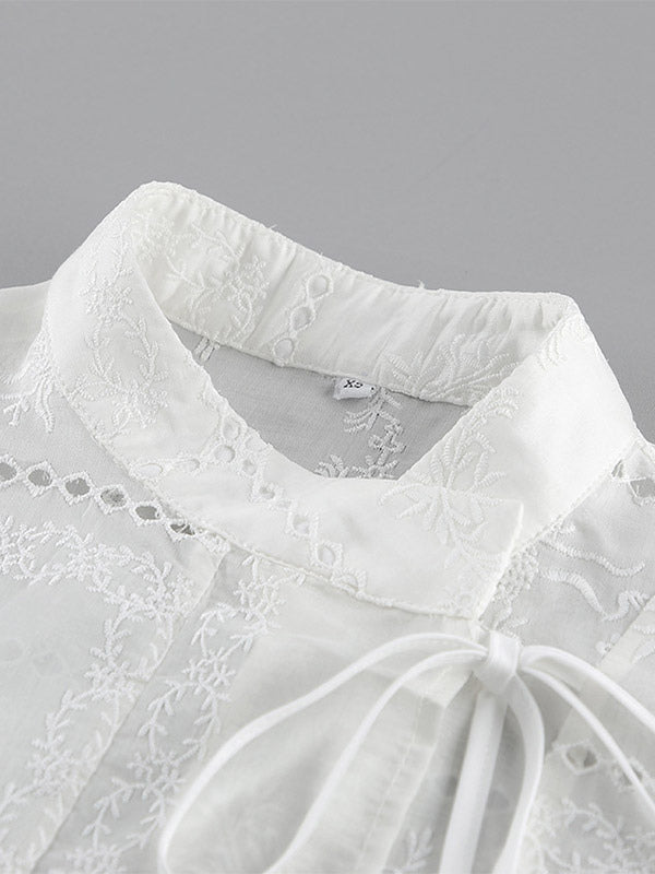 Shirt For Women White Lace Up Stand Collar Casual 3/4 Length Sleeves Tops