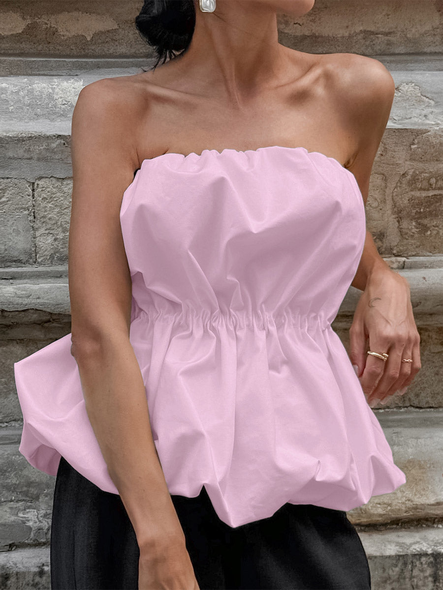 Pink Cami Top Strapless Pleated Sexy Backless Cotton Women Camis