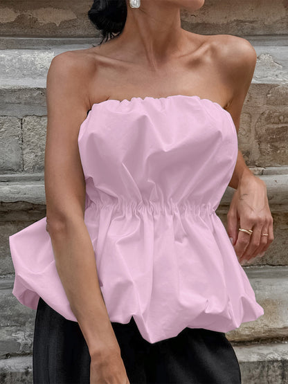Pink Cami Top Strapless Pleated Sexy Backless Cotton Women Camis