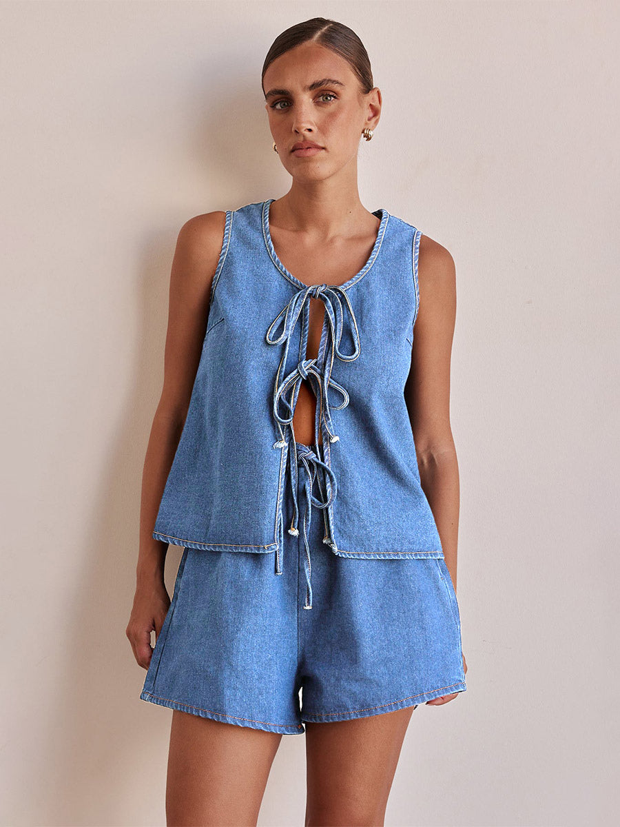 Two Piece Sets Blue Casual Street Wear Cotton Jewel Neck Sleeveless Pant Set