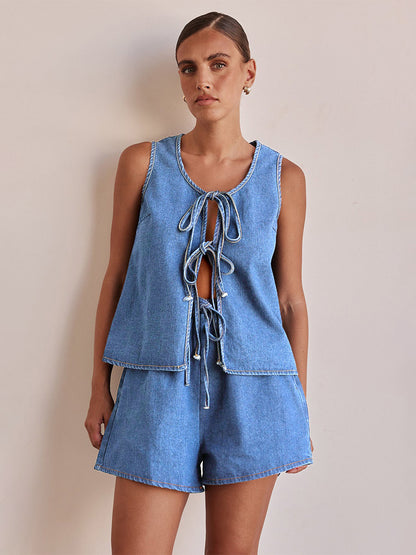 Two Piece Sets Blue Casual Street Wear Cotton Jewel Neck Sleeveless Pant Set