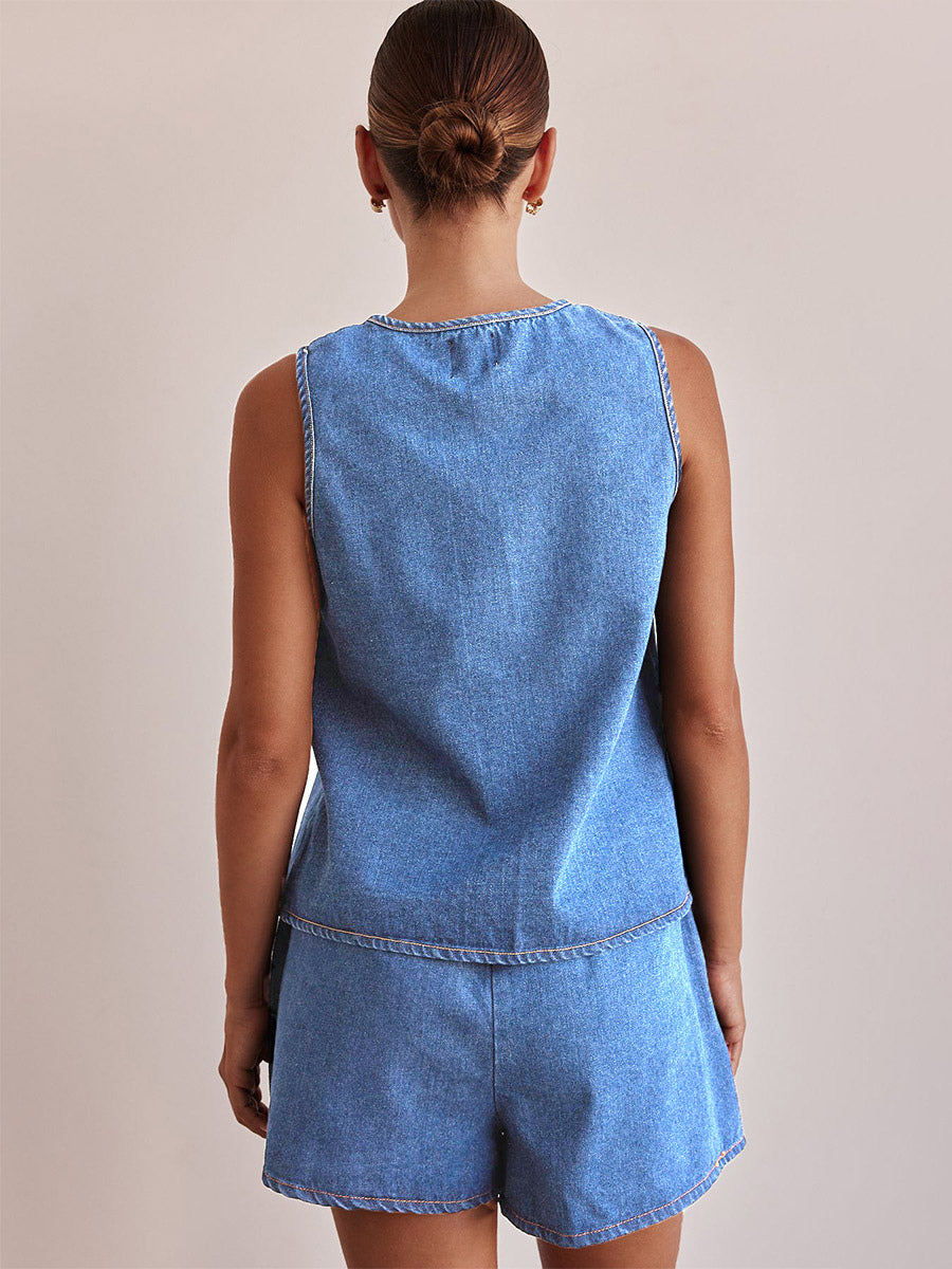 Two Piece Sets Blue Casual Street Wear Cotton Jewel Neck Sleeveless Pant Set