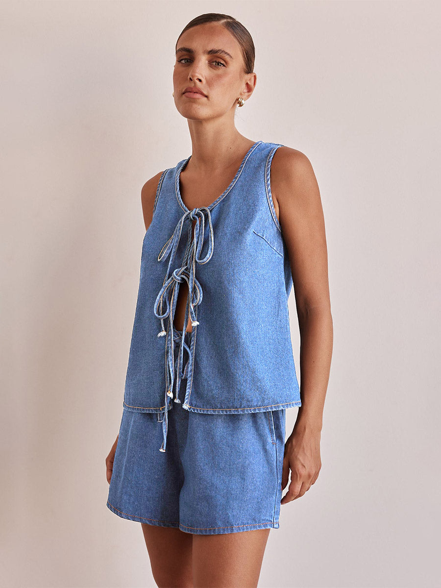 Two Piece Sets Blue Casual Street Wear Cotton Jewel Neck Sleeveless Pant Set