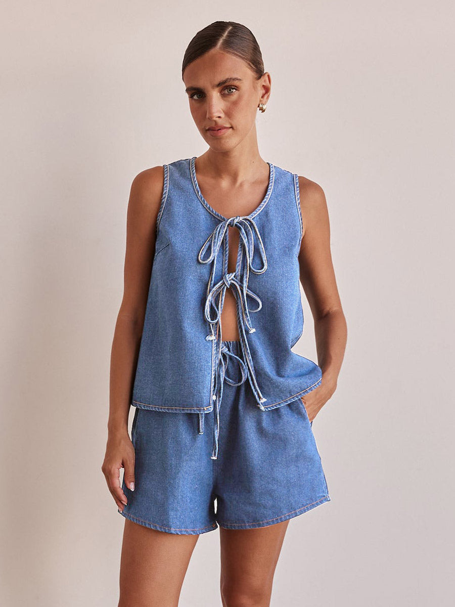Two Piece Sets Blue Casual Street Wear Cotton Jewel Neck Sleeveless Pant Set