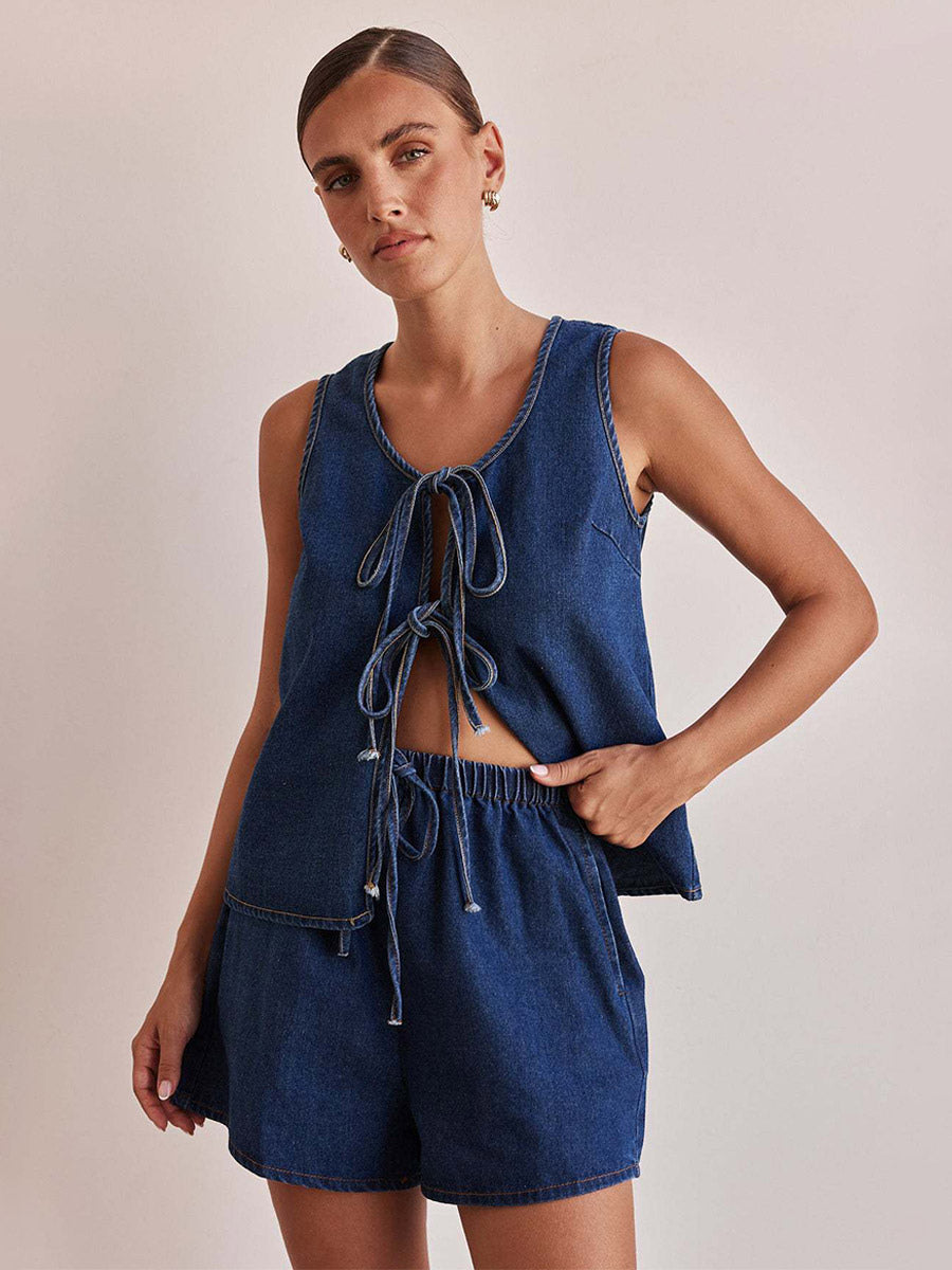 Two Piece Sets Blue Casual Street Wear Cotton Jewel Neck Sleeveless Pant Set