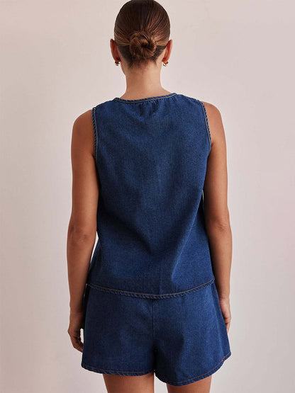 Two Piece Sets Blue Casual Street Wear Cotton Jewel Neck Sleeveless Pant Set