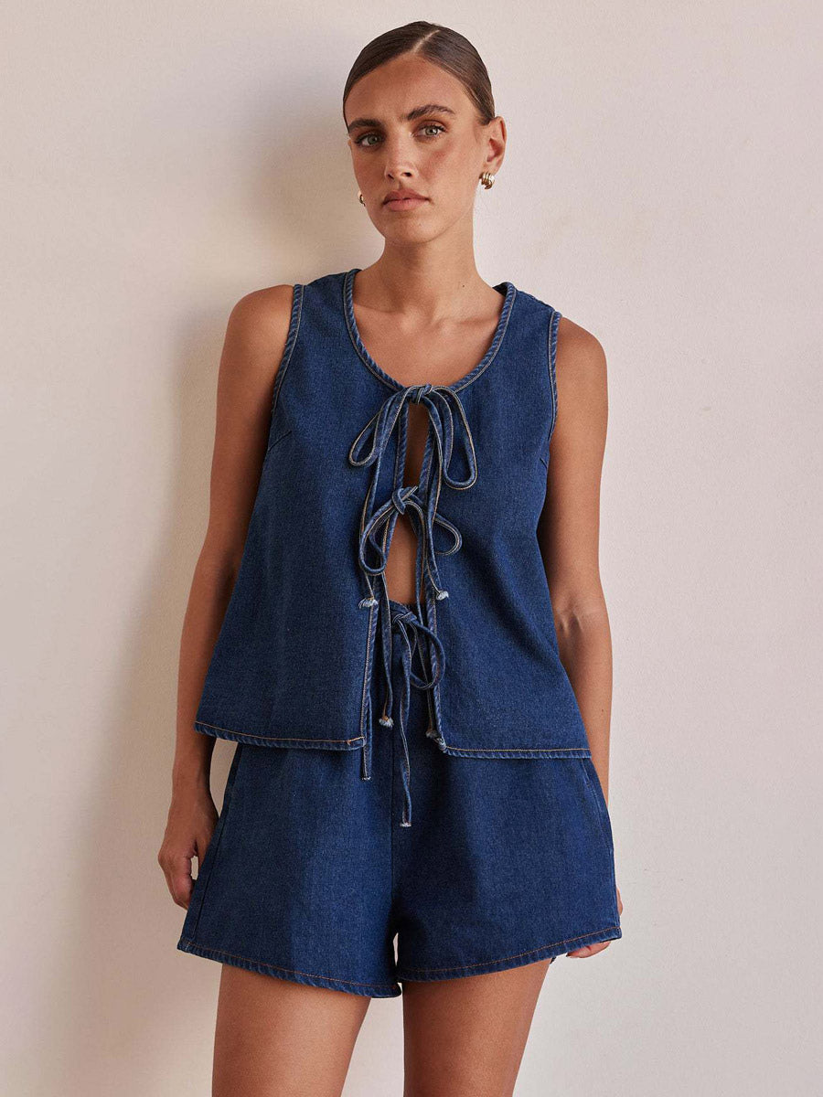 Two Piece Sets Blue Casual Street Wear Cotton Jewel Neck Sleeveless Pant Set