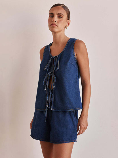 Two Piece Sets Blue Casual Street Wear Cotton Jewel Neck Sleeveless Pant Set