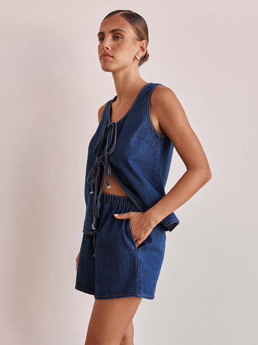 Two Piece Sets Blue Casual Street Wear Cotton Jewel Neck Sleeveless Pant Set