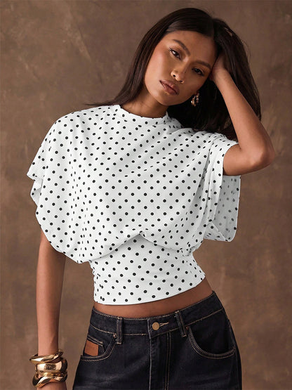 Tees 3/4 Length Sleeves Pink Polka Dot Jewel Neck Tee Shirt For Women