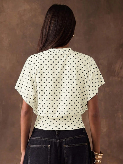 Tees 3/4 Length Sleeves Pink Polka Dot Jewel Neck Tee Shirt For Women