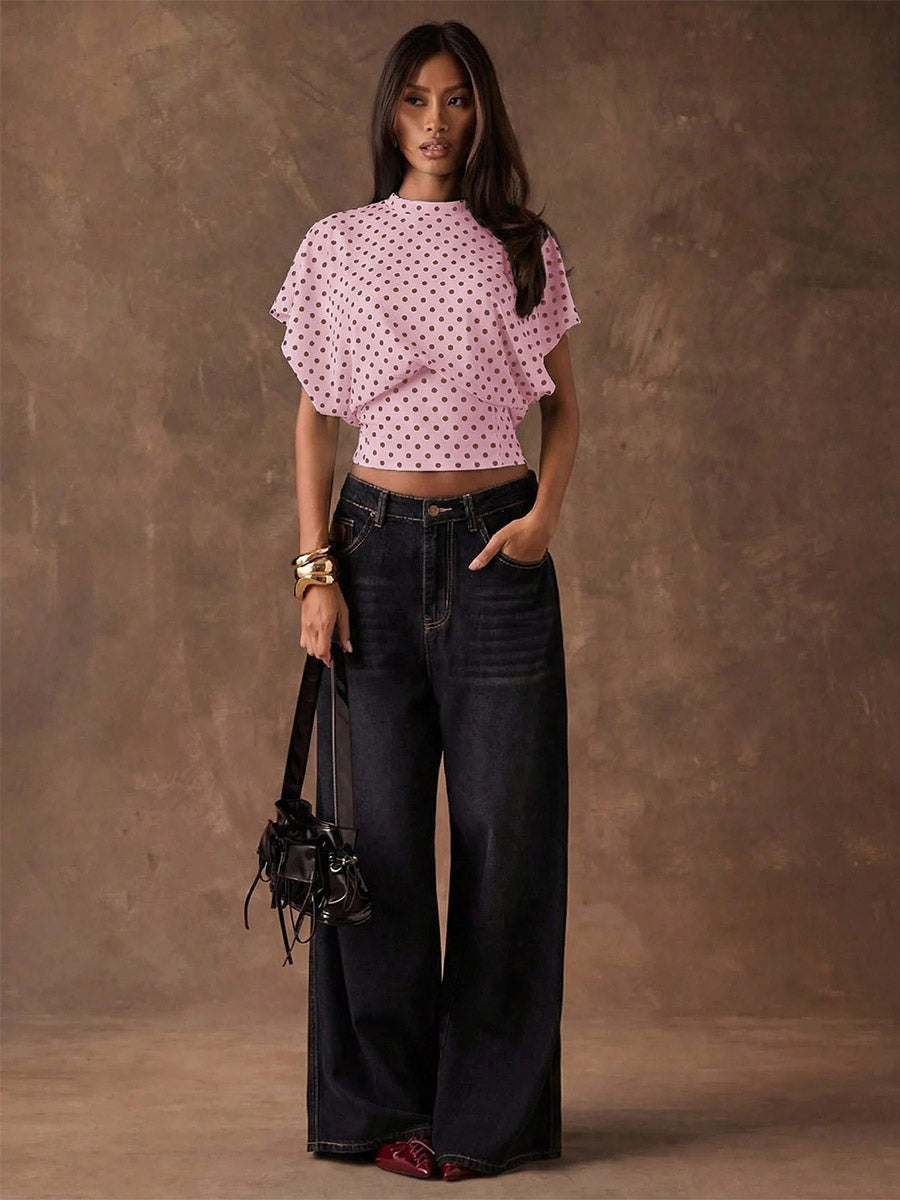 Tees 3/4 Length Sleeves Pink Polka Dot Jewel Neck Tee Shirt For Women