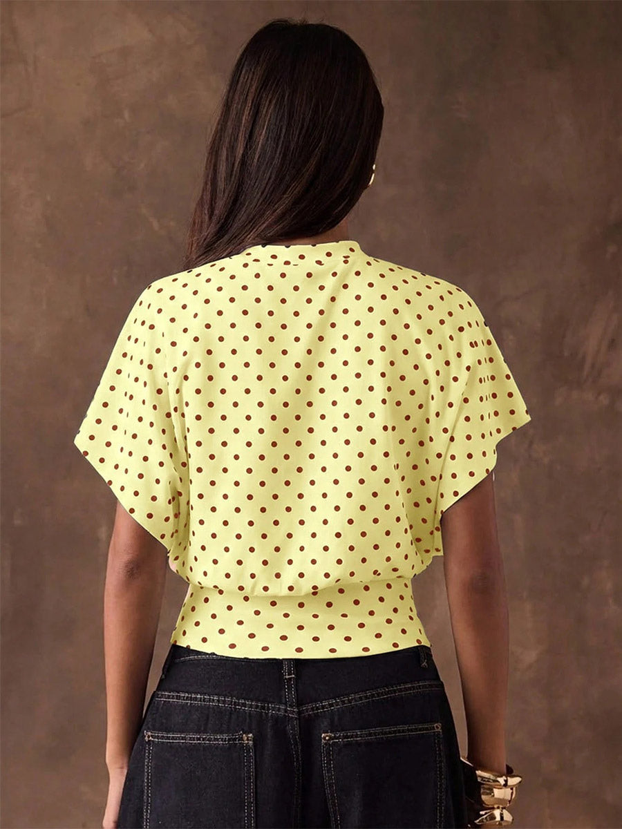 Tees 3/4 Length Sleeves Pink Polka Dot Jewel Neck Tee Shirt For Women