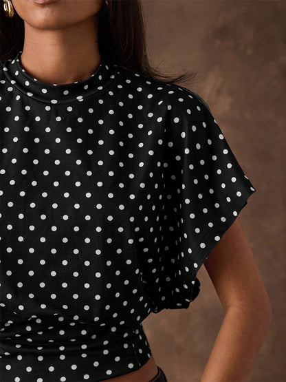 Tees 3/4 Length Sleeves Pink Polka Dot Jewel Neck Tee Shirt For Women