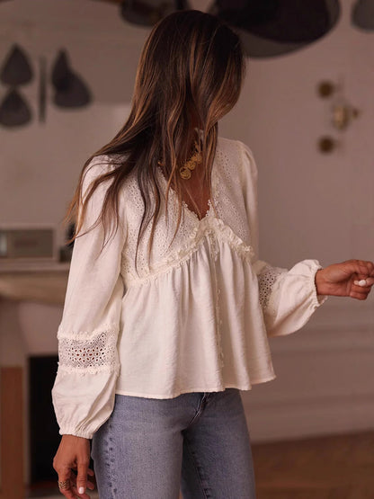 Blouse For Women White V-Neck Casual Embroidered Cut Out Long Sleeves Tops