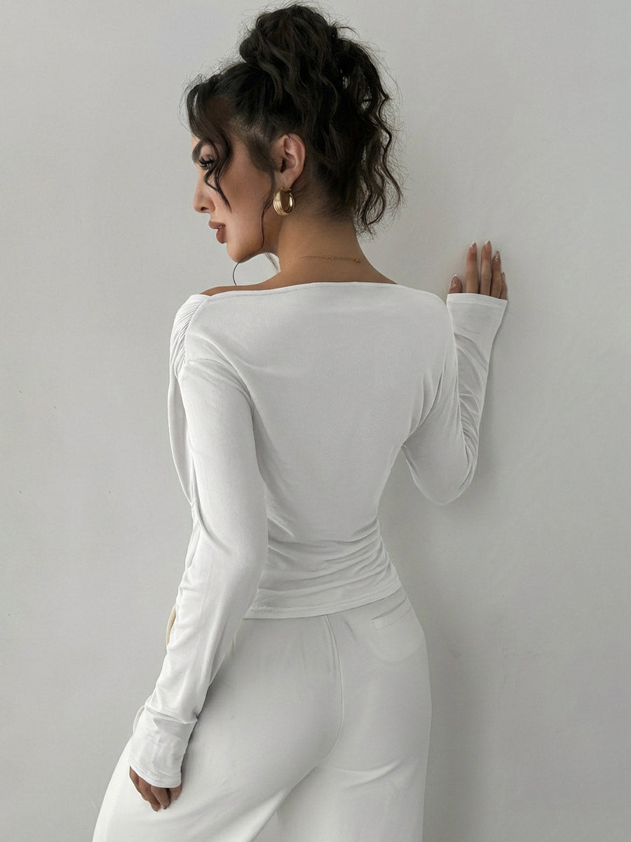 Long Sleeves Tees Black Asymmetrical Neck Polyester Tee Shirt For Women