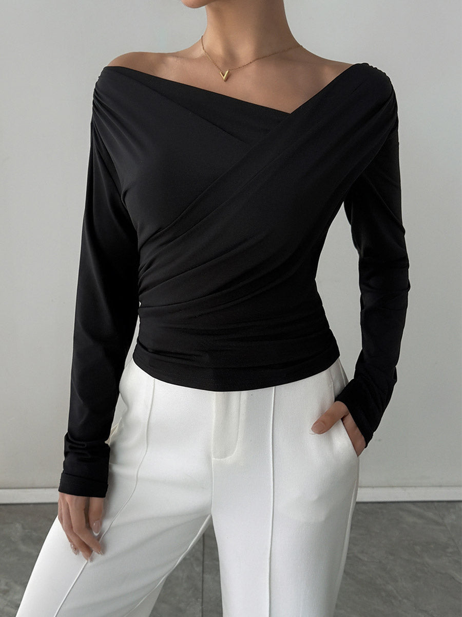 Long Sleeves Tees Black Asymmetrical Neck Polyester Tee Shirt For Women