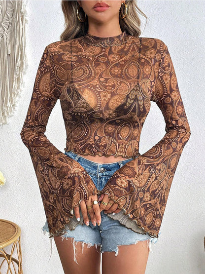 Long Sleeves Tees Brown Floral Print Stand Collar Polyester Women Tee