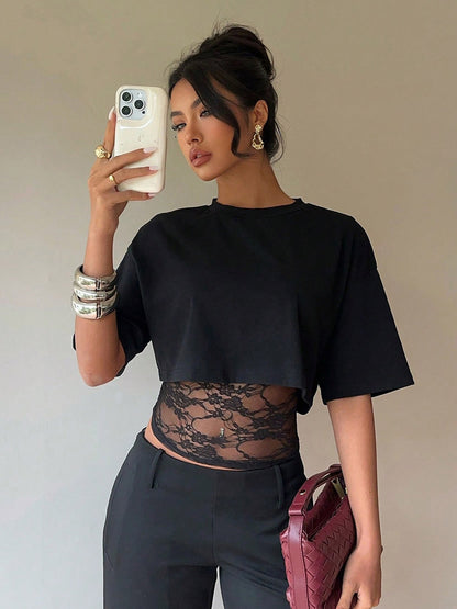 Short Sleeves Tees Black Lace High Collar Women T Shirt