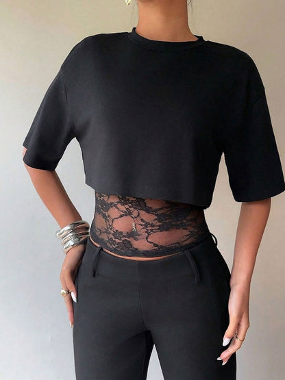 Short Sleeves Tees Black Lace High Collar Women T Shirt