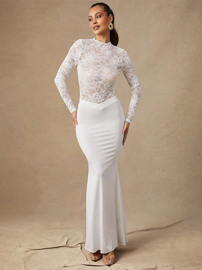 Women Crop Top White Nylon Lace Jewel Neck Long Sleeves Chic Tops
