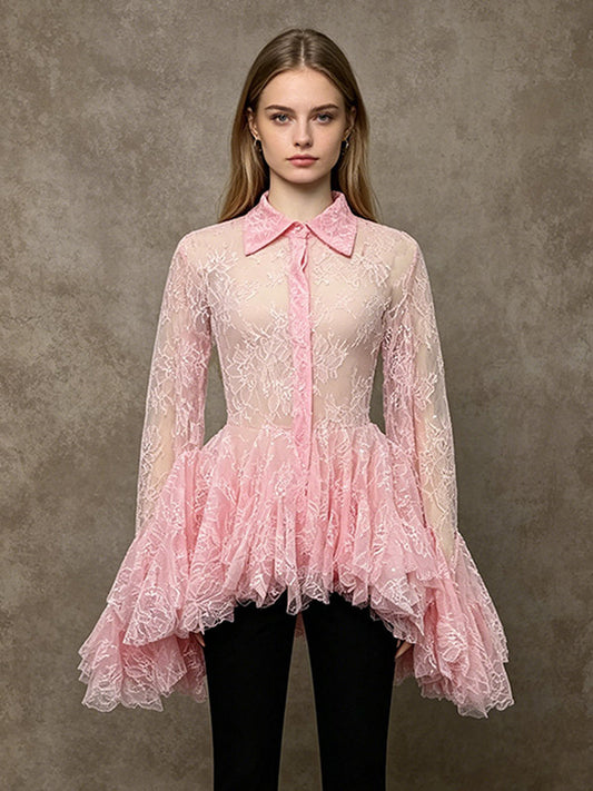 Blouse For Women Apricot Lace Ruffles Turndown Collar Elegant Long Sleeves Tops